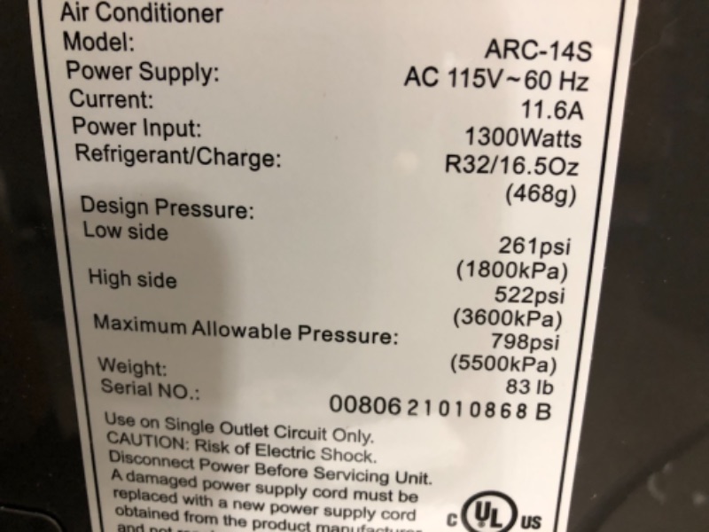 Photo 3 of Whynter ARC-14S 14,000 BTU Dual Hose Portable Air Conditioner, Dehumidifier, Fan with Activated Carbon Filter Plus Storage Bag for Rooms up to 500 sq ft, Platinum and Black
DOES NOT TURN ON.