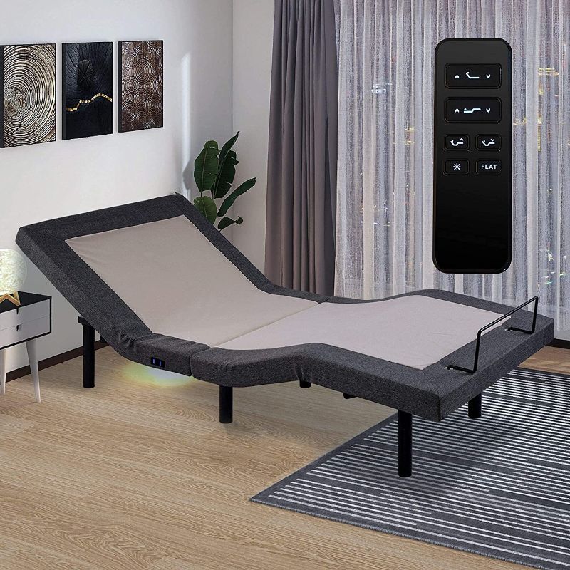 Photo 1 of Adjustable Bed Base Wireless Remote Independent Head and Foot Bed Incline Max 850LB Heavy Duty Adjustable Bed Frames with Mattress Retainer Bar/USB Ports/Side Bag/Flat Button, Quick Assembly, Twin XL
