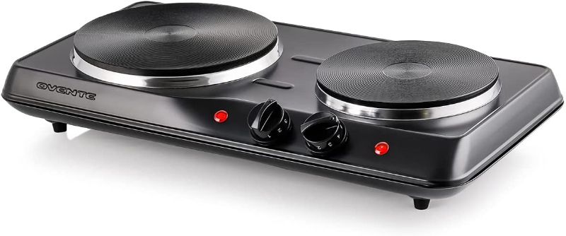 Photo 1 of Ovente Electric Double Burner 6 & 7 Inch Cast Iron Hot Plates Cooktop with 5 Level Temperature Control & Easy Clean Stainless Steel Base, Portable Countertop Stove for Home Dorm Office, Black BGS102B
