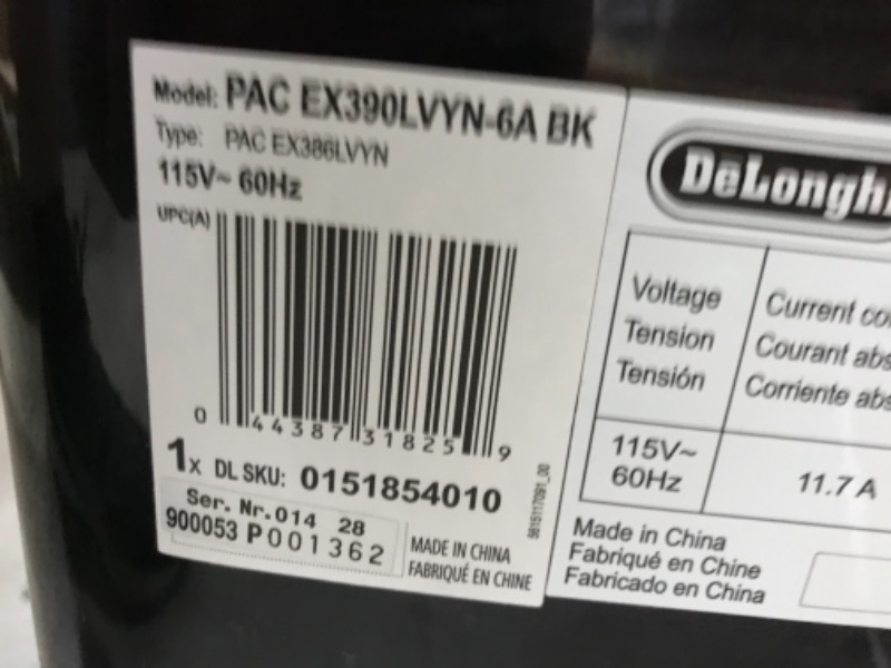Photo 3 of De'Longhi 14000 BTU Portable Air Conditioner, Dehumidifier & Fan + Cool Surround Remote w/Built-in Temperature Control Sensor & Quiet Mode, 700 sq ft, XLarge Room, Pinguino 8600 BTU (DOE), Black. MISSING PIECES, BROKEN ON SIDES AND TOP.
