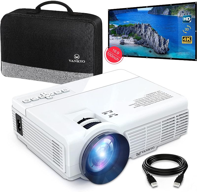 Photo 1 of VANKYOMINI Leisure 3 Mini Projector & 100 inch Projector Screen, 1080P and 170'' Display Supported, Portable Movie Projector with 40,000 Hrs LED Lamp Life, Compatible with TV Stick, PS4, HDMI, VGA
