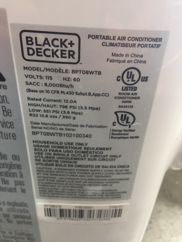 Photo 2 of BLACK+DECKER BPT08WTB Portable Air Conditioner with Remote Control, 8,000 BTU SACC/CEC (12,500 BTU ASHRAE), Cools Up to 350 Square Feet, White
