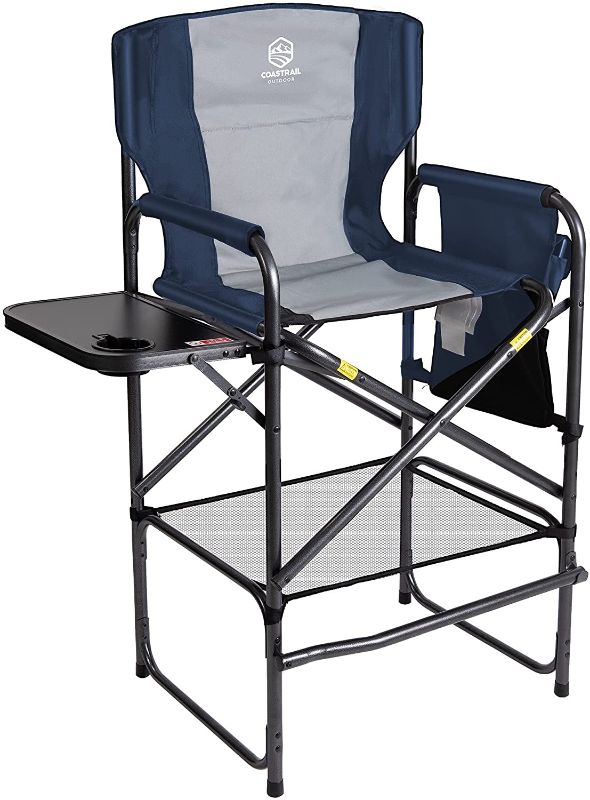 Photo 1 of Coastrail Outdoor Tall Director Chair 400 lbs Padded Foldable Bar Height Makeup Artist Chair Heavy Duty with Back Pocket & Footrest, Side Table & Storage Pockets, for Camping, Indoor, Patio, Grey
