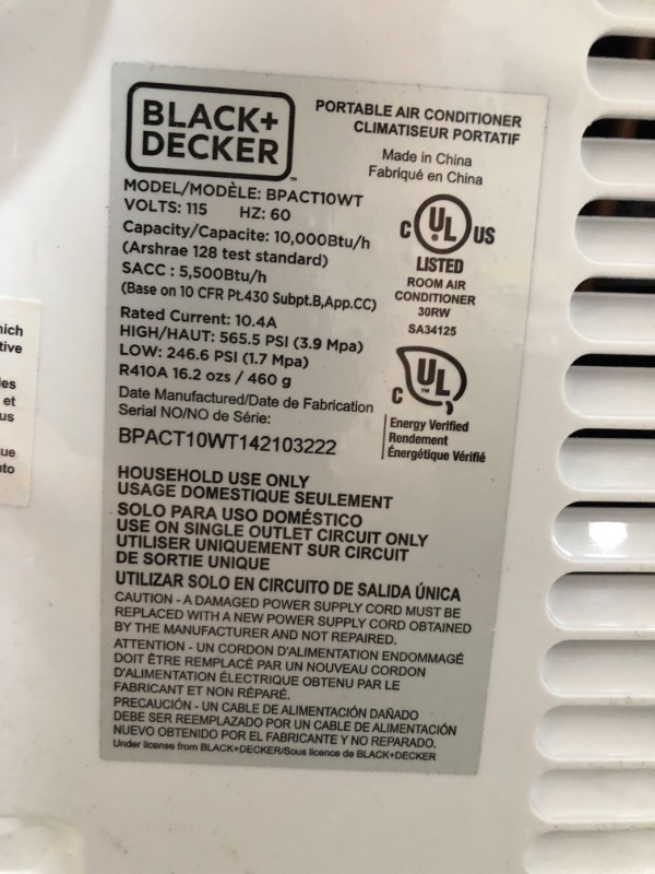 Photo 6 of Black+decker BPACT10WT 10,000 BTU Portable Air Conditioner with Remote