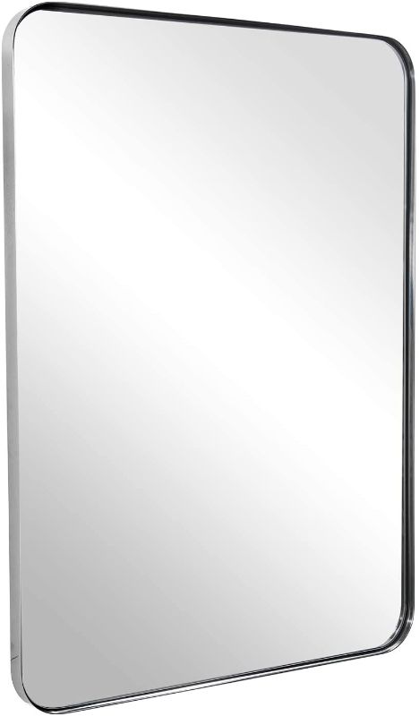 Photo 1 of ANDY STAR Polished Nickel Mirror for Bathroom, 22"x30"Silver Metal Frame Wall Mirror, Rectangular Stainless Steel Rounded Corner Mirror with 1" Deep Set Design Hangs Horizontal Or Vertical
