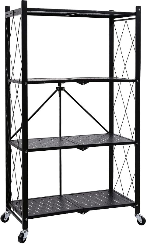 Photo 1 of HealSmart 4-Tier Heavy Duty Foldable Metal Rack Storage Shelving Unit with Wheels Moving Easily Organizer Shelves Great for Garage Kitchen Holds up to 1000 lbs Capacity, Black
