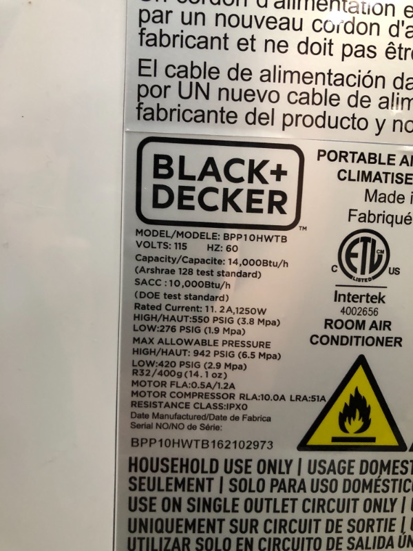 Photo 4 of BLACK+DECKER BPP10HWTB Portable Air Conditioner with Heat and Remote Control, 10,000 BTU SACC/CEC (14,000 BTU ASHRAE), Cools Up to 450 Square Feet, White
