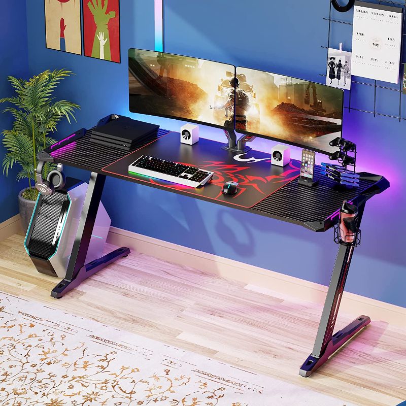 Photo 1 of EUREKA ERGONOMIC Z60 Gaming Desk 60 inch Computer Desk Z Shaped Large PC Tables with RGB LED Lights Mouse Pad for E-Sport Racing Gamer Pro Home Office Gift
