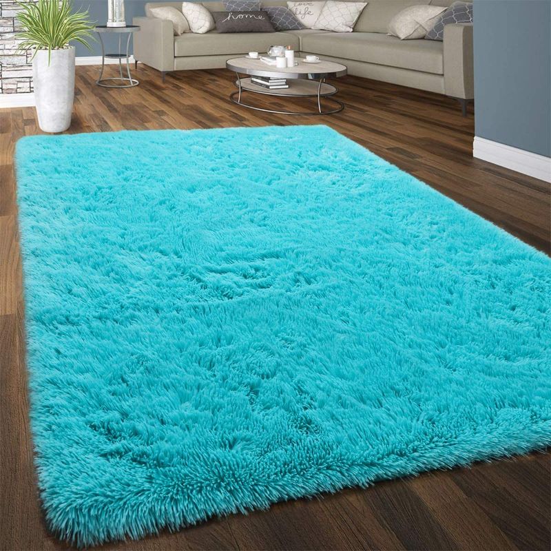 Photo 1 of  Soft Fluffy Area Rug for Living Room Bedroom, 4x5 Teal Blue Plush Shag Rugs, Fuzzy Shaggy Accent Carpets for Kids Girls Rooms, Modern Apartment Nursery Dorm Indoor Furry Decor
