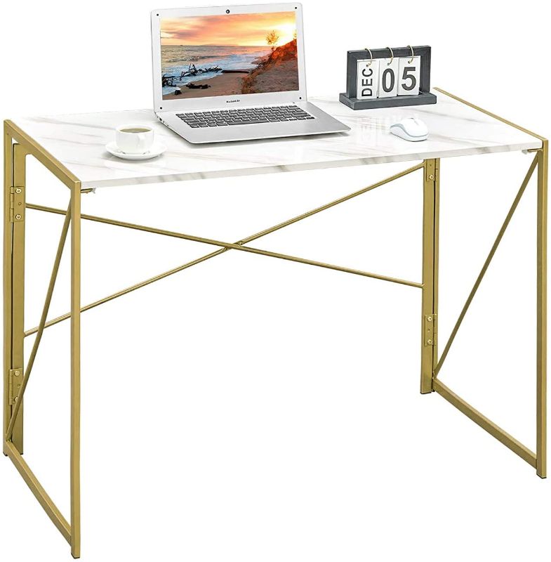 Photo 1 of Coavas Folding Table No Assembly Required, 40" Writing Computer Desk Space Saving Foldable Table Simple Home Office Desk,White Marble Desktop Gold Frame
