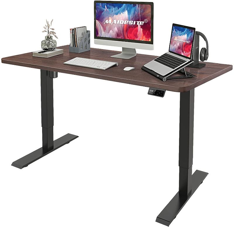 Photo 1 of MAIDeSITe Adjustable Height Electric Standing Desk, Ergonomic Stand Up Desk for Home Office, Sit Stand Desk with 48 x 24 inch Whole Piece Board, Quick Assembly Adjustable Table, Black Frame/WalnutTop
