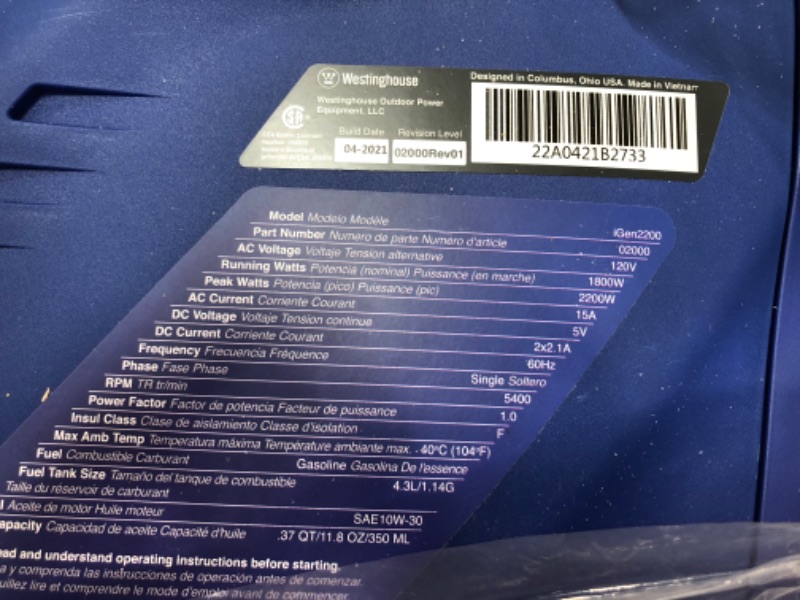 Photo 2 of Westinghouse iGen2200 Super Quiet Portable Inverter Generator 1800 Rated & 2200 Peak Watts, Gas Powered, CARB Compliant
