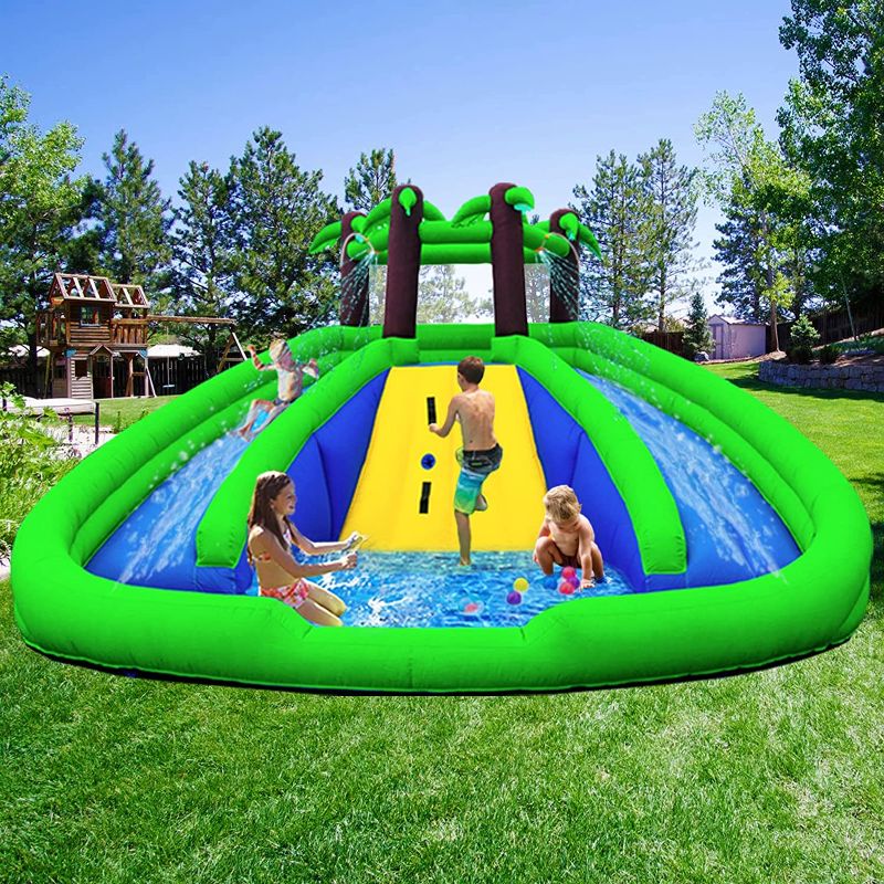 Photo 1 of Clearance HuaKastro Inflatable Water Slide Park with Blower, Bouncy Castle with 2 Long Slides & Large Splash Pool & Climbing Wall, Wet & Dry Use Easy Setup Indoor Outdoor Play Center for Kids Party DAMAGE PARTS ONLY
