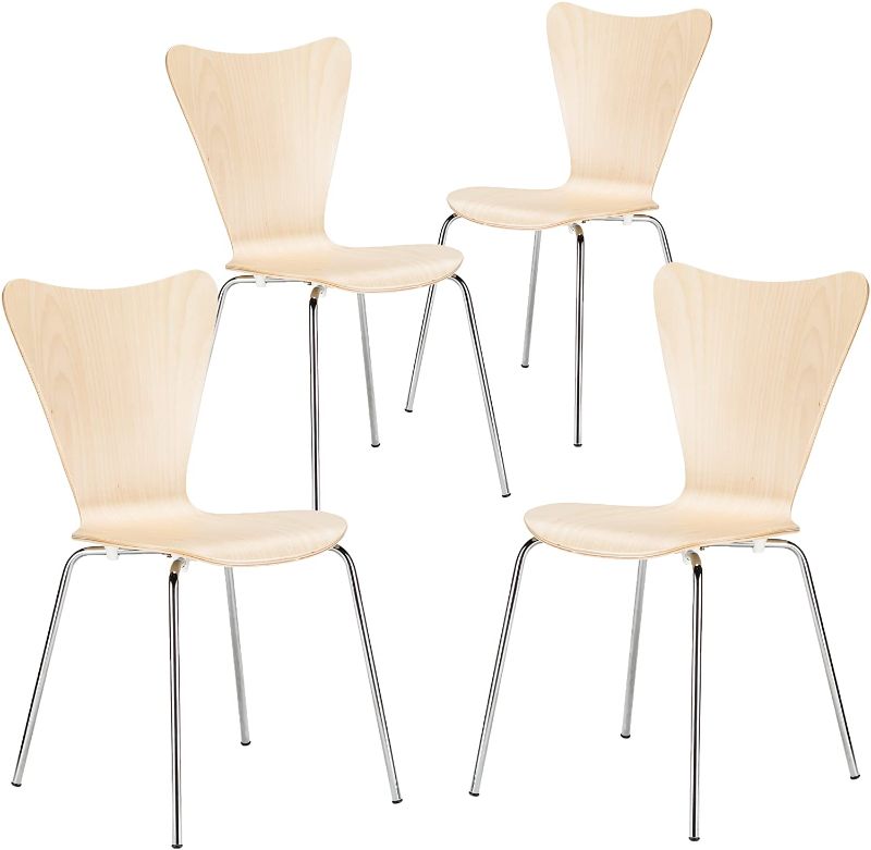 Photo 1 of EdgeMod Elgin Wooden Dining Side Chair with Chrome Legs, Stackable, 250 lbs Capacity, Natural (Set of 4)
