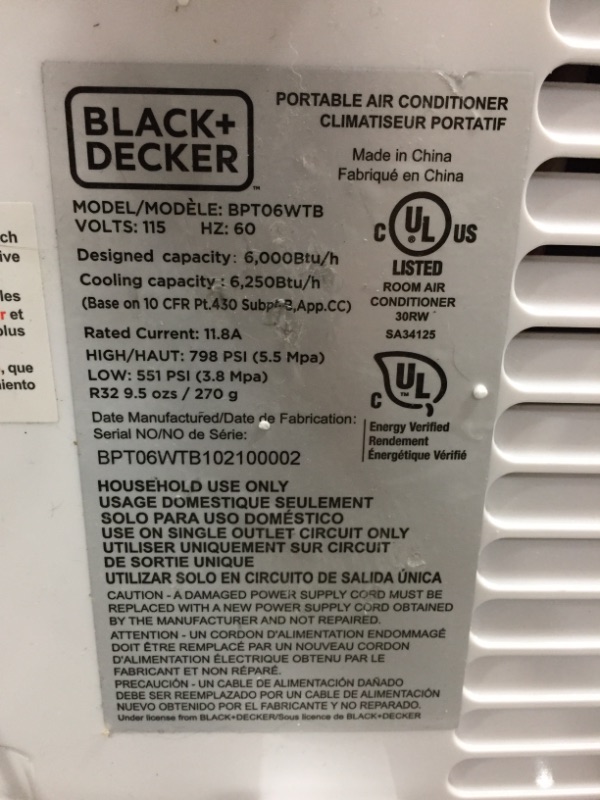 Photo 2 of BLACK+DECKER BPT06WTB Portable Air Conditioner with Remote Control, 6,000 BTU SACC/CEC (10,000 BTU ASHRAE), Cools Up to 250 Square Feet, White
MINOR DAMAGE TO TOP OF UNIT 