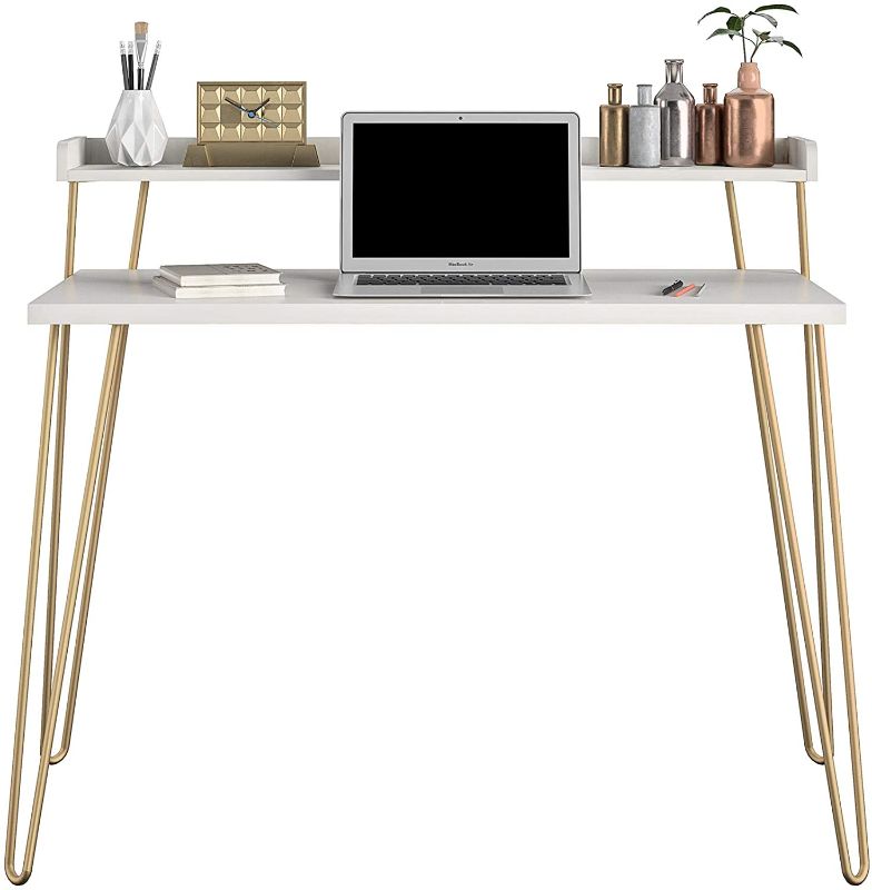 Photo 1 of Ameriwood Home Haven Retro Riser, Desk, White with Gold Legs

//MINOR DAMAGE TO WOOD PIECES 
