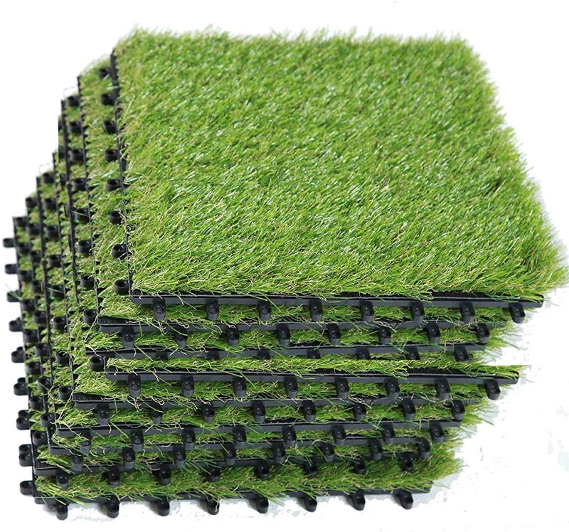 Photo 1 of EcoMatrix Artificial Grass Tiles Interlocking Fake Grass Deck Tile Synthetic Grass Turf Green Lawn Carpet Indoor Outdoor Grass Tile Mat for Patio Balcony Garden Flooring Decor 1'x1' (9 Packs), NEW