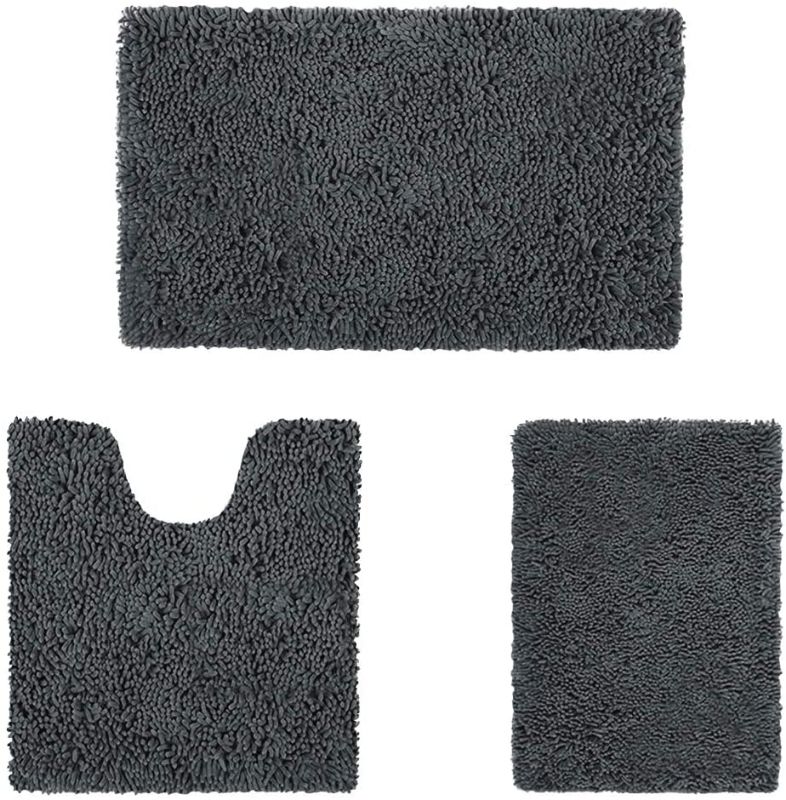 Photo 1 of HOMEIDEAS 3 Pieces Bathroom Rugs Set Ultra Soft Non Slip and Absorbent Chenille Bath Rug, Charcoal Bathroom Rugs Plush Bath Mats for Tub, Shower, Bathroom, NEW