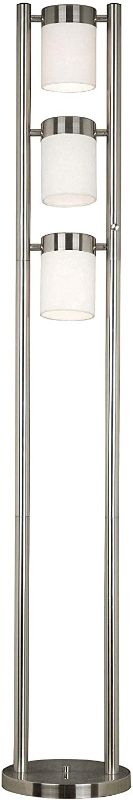 Photo 1 of Kenroy Home Industrial Modern Matinee Floor Lamp, 66 Inch Height, Glimmering Brushed Steel Finish, White Glass Shades, 3 Light Sources, 4-Way Pole Switch - MISSING PARTS, MISSING GLASS, SOLD FOR PARTS