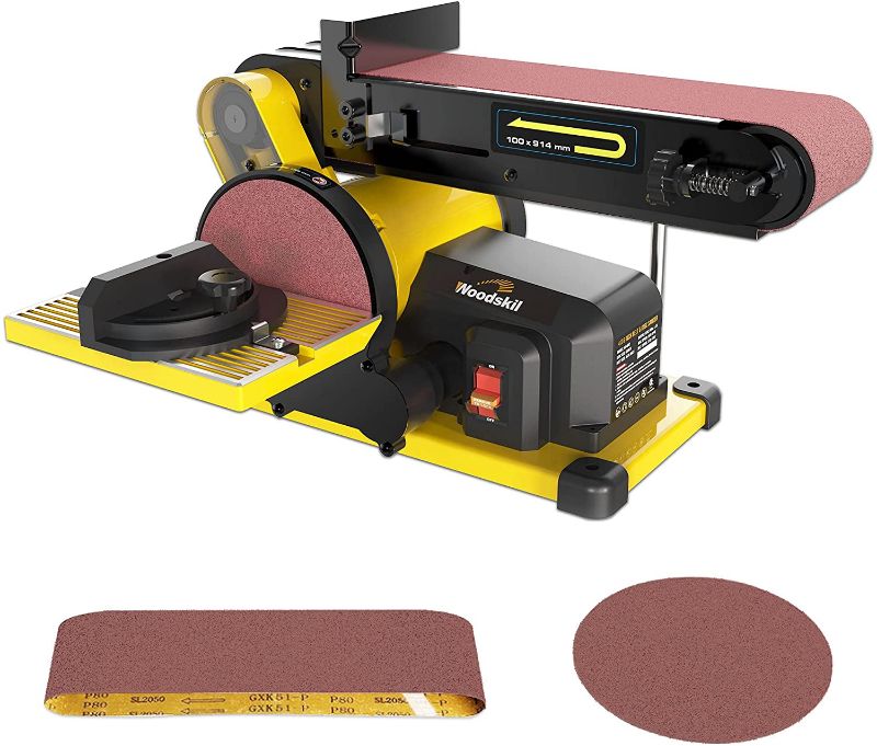 Photo 1 of Woodskil 4.3A 3/4HP Belt Sander 4 x 36 in. Belt & 6 in. Disc Sander with 2Pcs Sandpapers Steel Base & Aluminum Work Table, Induction Motor Provides Up to 3600 RPM, Double Dust Exhaust Port Included
