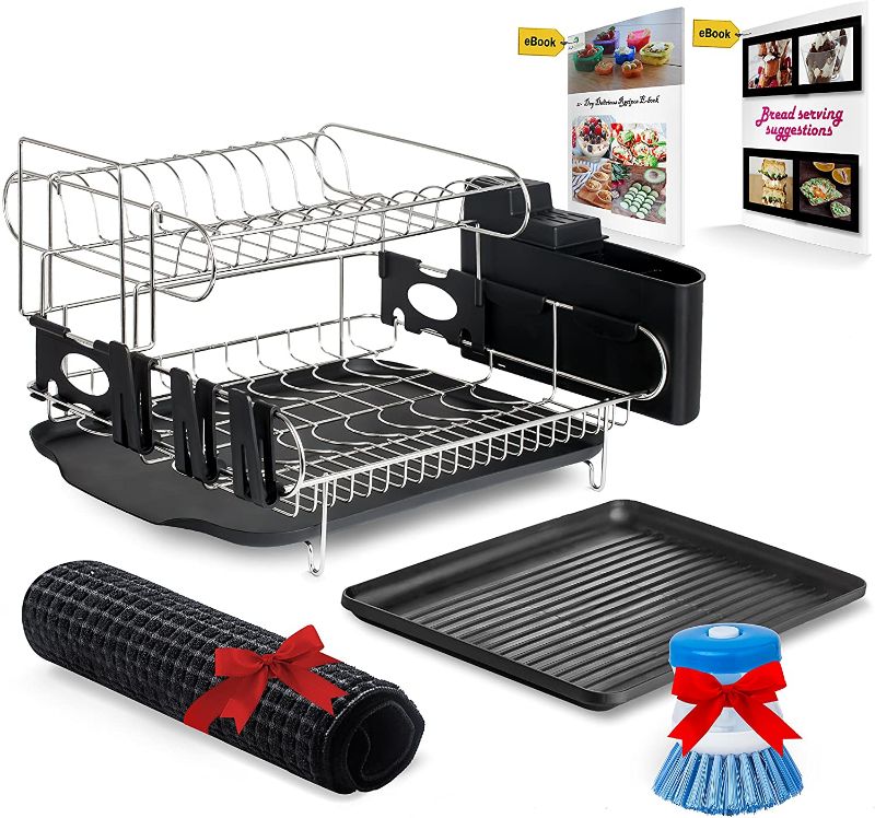 Photo 1 of All Green Dish Drying Rack 2 Tier Dish Rack and Drainboard Set, Utensil Holder, Cutting Board Holder 304 Stainless Steel for Counter or Over Sink Free Microwave Rack Mat Dispenser Dish Brush

