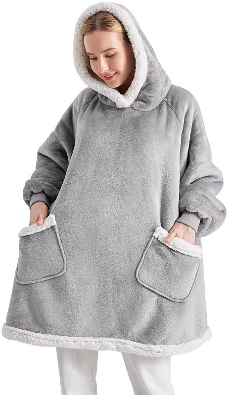 Photo 1 of Bedsure Sherpa Wearable Blanket Hoodie for Women Men Kids - Hooded Blanket Sweatshirt Standard with Deep Pocket and Elastic Sleeve, Warm Fleece Blanket Jacket, Grey
