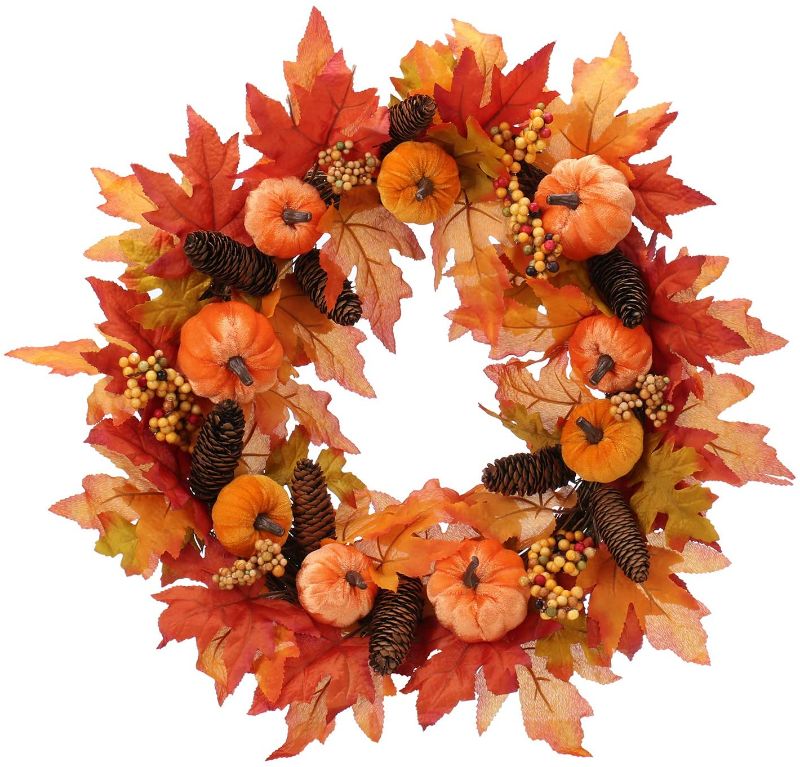 Photo 1 of FUNARTY Fall Wreath Autumn Front Door Wreath with Pumpkins Pinecone Berries for Fall and Thanksgiving Decoration
