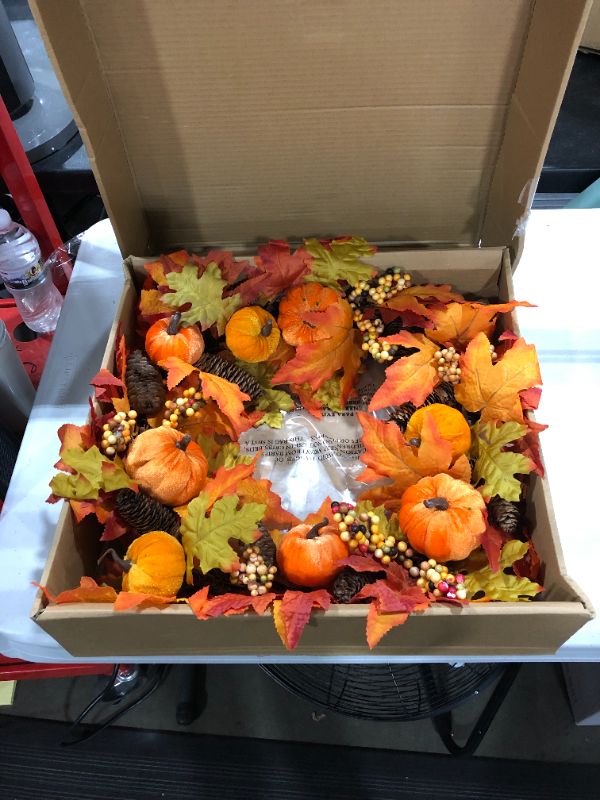 Photo 3 of FUNARTY Fall Wreath Autumn Front Door Wreath with Pumpkins Pinecone Berries for Fall and Thanksgiving Decoration
