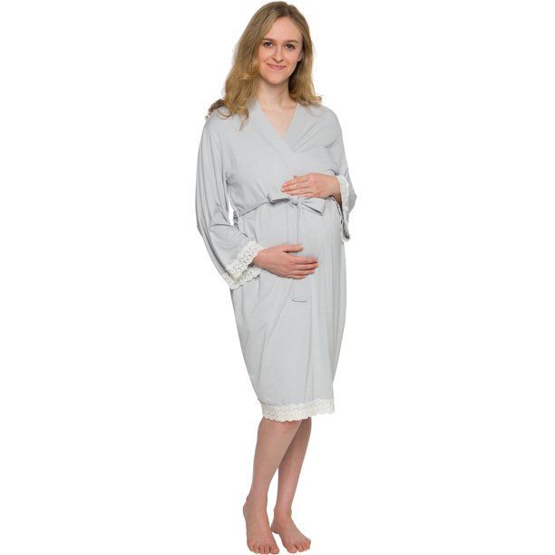 Photo 1 of Maternity Kimono Robe w/ Lace Trim - Lightweight Labor and Delivery Nursing Bathrobe for Moms - Silver Lilly (Light Grey, 2xl 2 PACK 