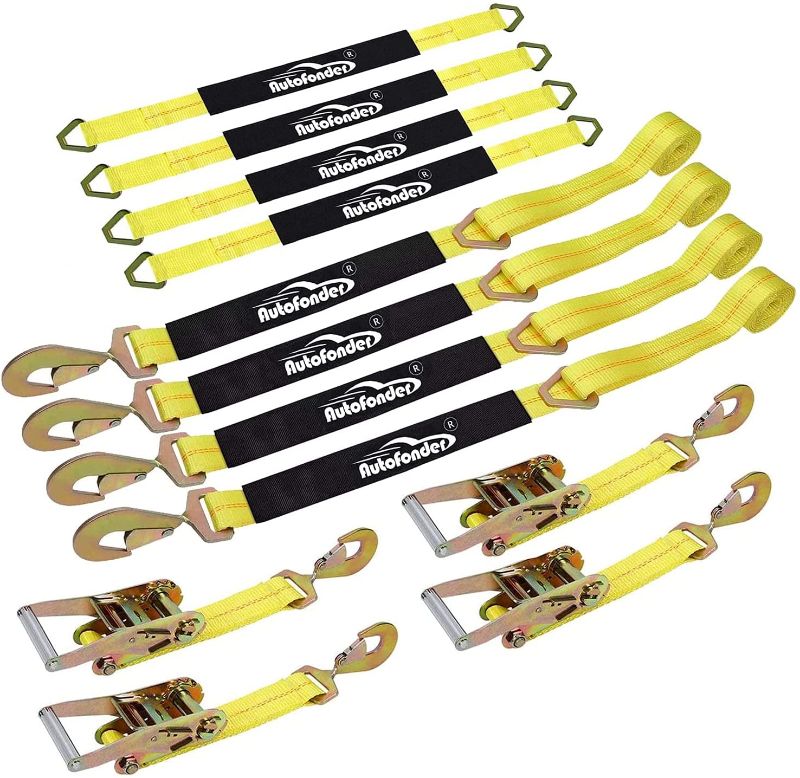 Photo 1 of Autofonder Heavy Duty Adjustable Car Tie Down Kit with Snap Hooks -Break Strength 10,000 lbs-Working Load 3333 lbs-Bonus Includes 4 Pack 36" Axle Straps with D-Ring(Yellow)
