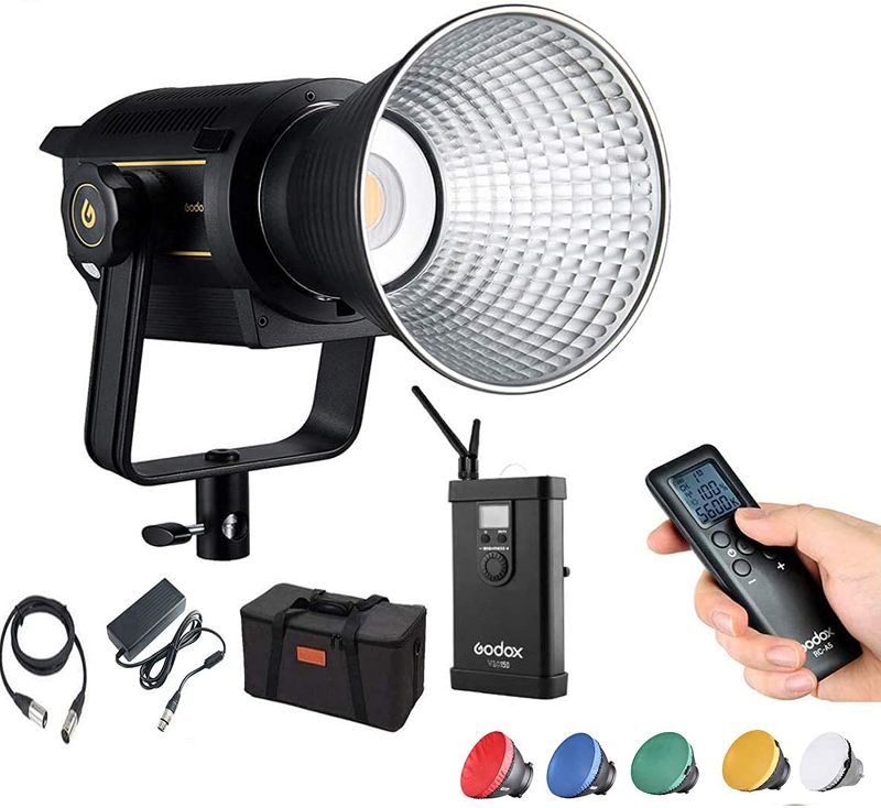 Photo 1 of Godox VL150 LED Video Light, 150W 5600K Bowens Mount Continuous Video Light,CRI 96 TLCI 95, 61000Lux@1m, 0-100% Dimming, Bluetooth and Wireless Radio Remote, with V-Mount Plate Controller Box
