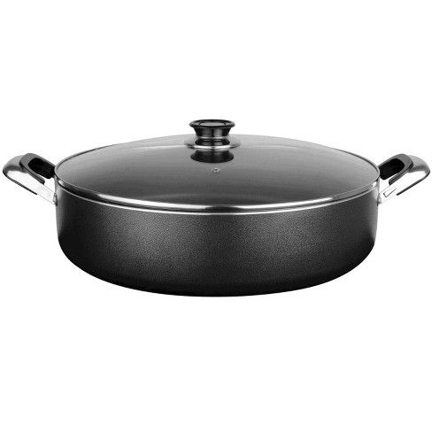 Photo 1 of Alpine Cuisine AI17900 12 Quart Aluminum Non-Stick Cooking Pot with Tempered Glass Lid and Carrying Handles for Sauces, Stews, and More, Black-----BROKEN HANDLE 
