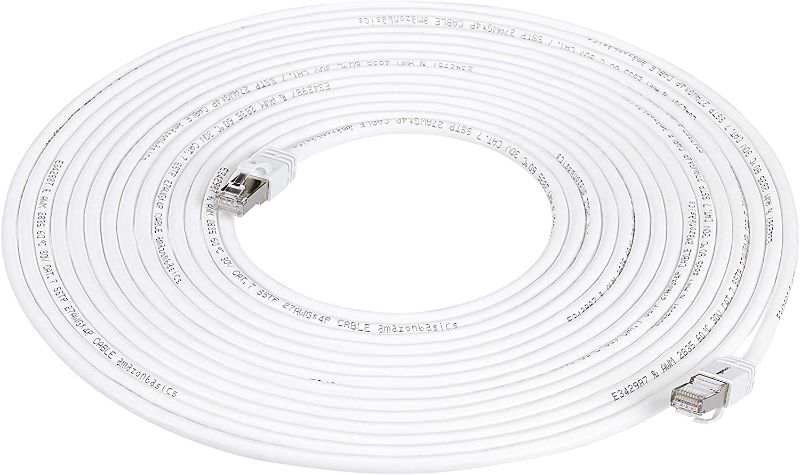 Photo 1 of Amazon Basics RJ45 Cat 7 High-Speed Gigabit Ethernet Patch Internet Cable, 10Gbps, 600MHz - White, 50-Foot
