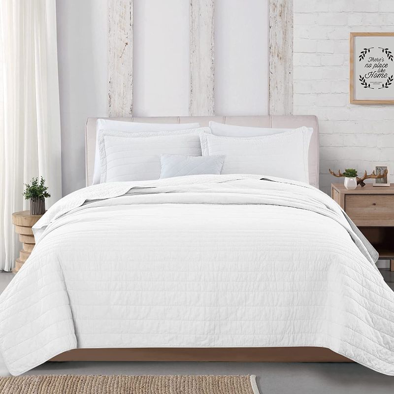 Photo 1 of 3-Piece 100% Cotton Solid Quilt Set with Shams. Lightweight, Stripe Stitching Design Coverlet Bedspread. Odella Collection (King, White)
