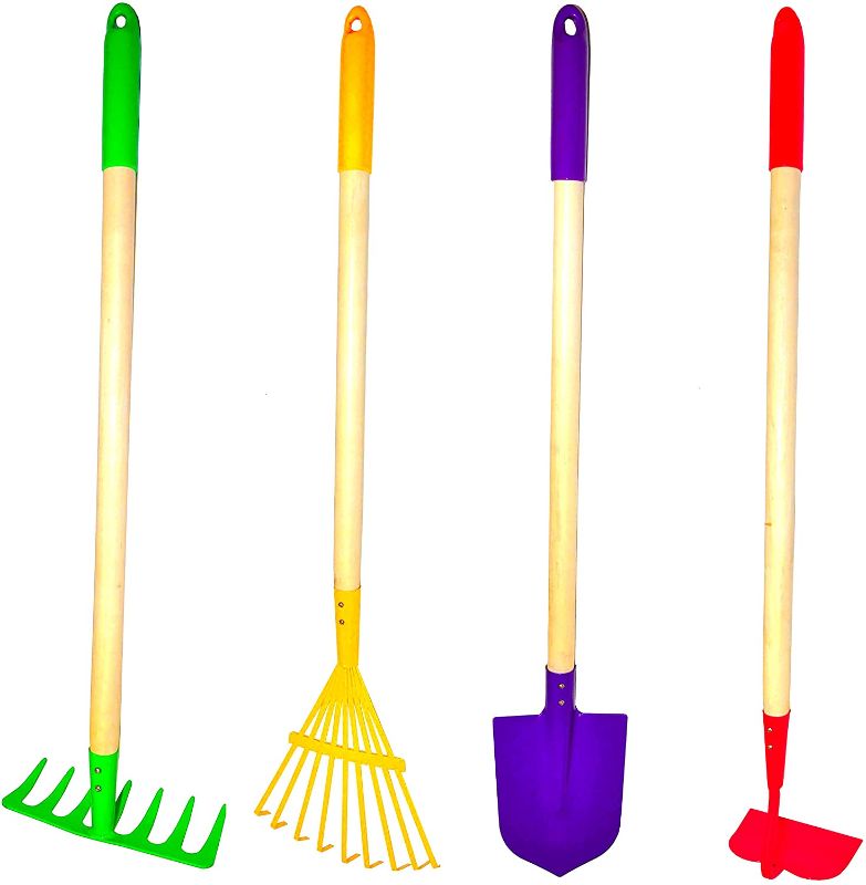 Photo 1 of G & F JustForKids Kids Garden Tool Set Toy, Rake, Spade, Hoe and Leaf Rake, reduced size , made of sturdy steel heads and real wood handle, 4-Piece, Multicolored, 5yr+
