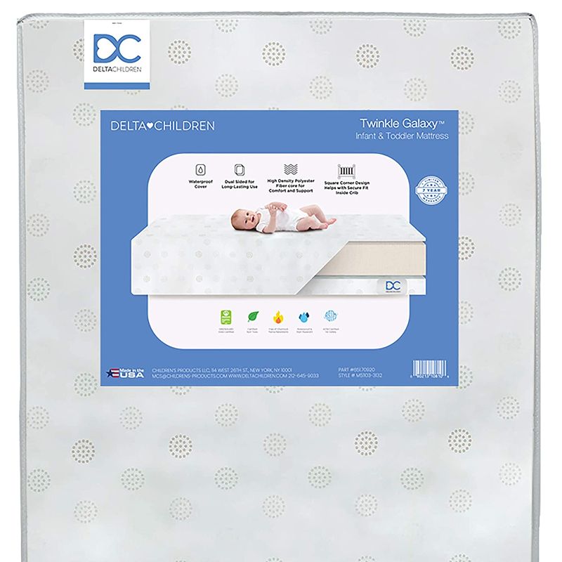 Photo 1 of Delta Children Twinkle Galaxy Dual Sided Crib and Toddler Mattress - Premium Sustainably Sourced Fiber Core - Waterproof - GREENGUARD Gold Certified (Non-Toxic) - 7 Year Warranty - Made in USA
