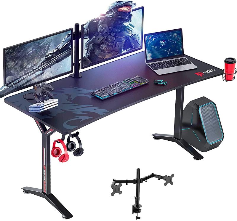 Photo 1 of Seven Warrior Gaming Desk 60INCH with Dual Monitor Mount, Carbon Fiber Surface Computer Gamer Desk with Full Desk Mouse Pad, Ergonomic Y Shaped Gamer Table with Outlet Organizer, Gaming Rack