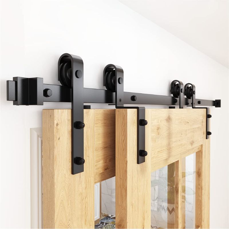 Photo 1 of ZEKOO Bypass Sliding Barn Door Hardware Kit, Single Track, One-Piece Rail, Double Wooden Doors Use, Flat Track Roller, Low Ceiling (6 FT Single Track Bypass)
