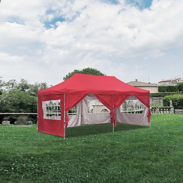 Photo 1 of Ainfox 10x20 ft Outdoor Canopy Tent, Pop up Canopy Tent Portable Shade Instant Folding Canopy with Wheeled Carrying Bag and Height Adjustable and 6 Side Walls(Red)
