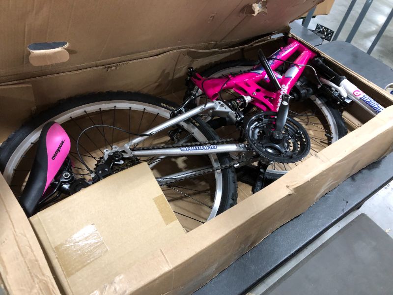 Photo 1 of Mongoose Exlipse Full Dual-Suspension Mountain Bike for Kids, Featuring 15-Inch/Small Steel Frame and 21-Speed Shimano Drivetrain with 24-Inch Wheels, Kickstand Included, Pink