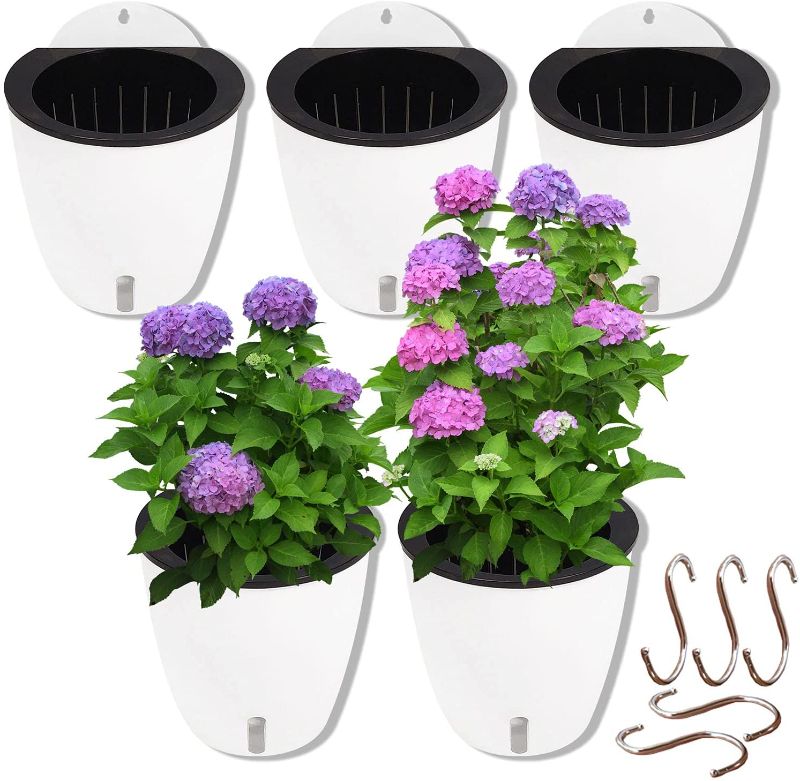 Photo 1 of Flowden Self Watering Hanging Planters, 5 Pack Visible Water Level Indoor Outdoor Plants Flowers Pots - Wall Mounted Plants Holder White Plastic 5.5 Inch with Hooks
