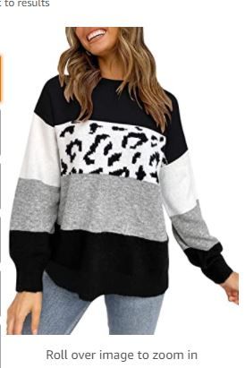 Photo 1 of ZESICA Women's Striped Leopard Printed Long Sleeve Color Block Casual Knitted Pullover Sweater Jumper Tops XL
