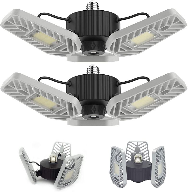 Photo 1 of LZHOME 2-PACK LED Garage Lights, 6500Lumens E26/E27 Adjustable Trilights Garage Ceiling Light ,60W LED Garage Light, CRI>80, 5000k Nature light,Garage Lights with Adjustable Panels(No Motion Activate)
