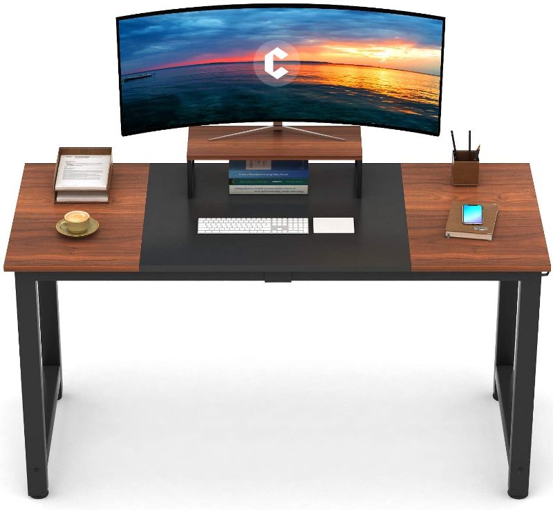 Photo 1 of CubiCubi Computer Desk 55" with Splice Board Study Writing Table for Home Office, Modern Simple Style PC Desk, Black Metal Frame, Black and Espresso

