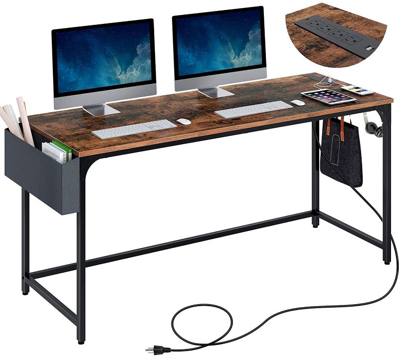 Photo 1 of Rolanstar Computer Desk with Power Outlet, 63” Home Office PC Desk with USB Ports Charging Station, Desktop Table with Side Storage Bag and Iron Hooks, Stable Metal Frame Workstation, Rustic Brown
