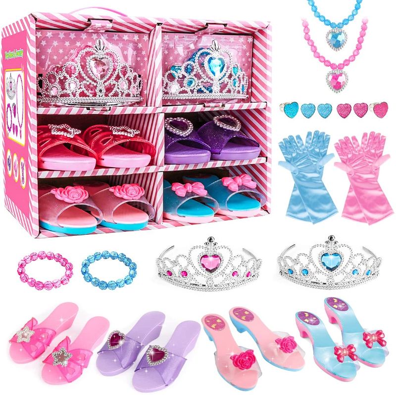 Photo 1 of Meland Princess Dress Up Shoes and Jewelry Boutique - 4 Pairs of Play Shoes and Pretend Jewelry Toys Princess Accessories Play Gift Set for Toddlers Little Girls Aged 3,4,5,6 Years Old
