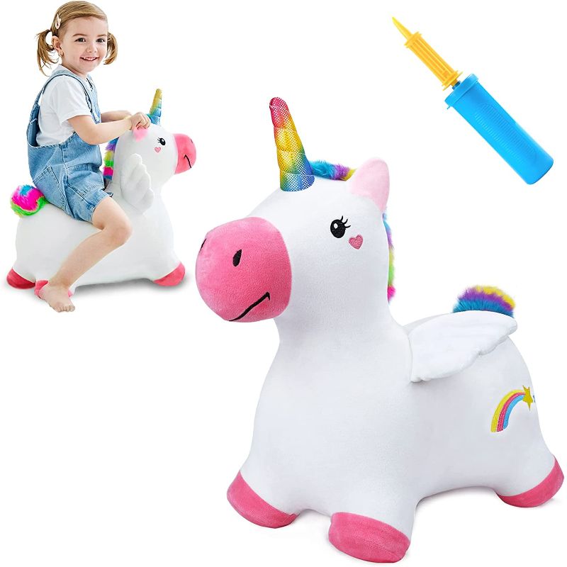 Photo 1 of iPlay, iLearn Bouncy Pals Unicorn Hopping Horse Plush, Outdoor n Indoor Ride on Animal Toys, Inflatable Hopper, Activity Riding Birthday Gift for 18 Months 2 3 4 Year Old Kid Toddler Girl W/ Pump
