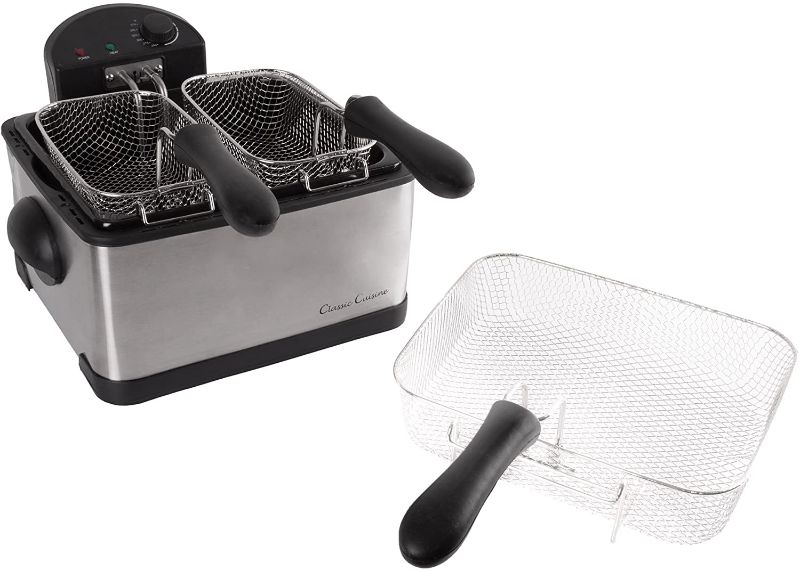 Photo 1 of Electric Deep Fryer- 3 Fry Baskets, 1 Large and 2 Small for Dual Use- At Home Stainless Steel Hot Oil Cooker by Classic Cuisine (4 Liter)
