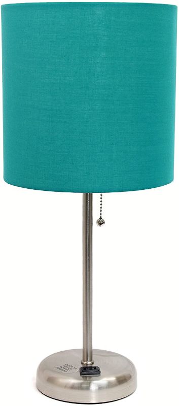 Photo 1 of Limelights LT2024-TEL Stick Charging Outlet and Fabric Table Lamp, 19.50 x 8.50 x 8.50 inches, Brushed Steel Base/Teal Shade