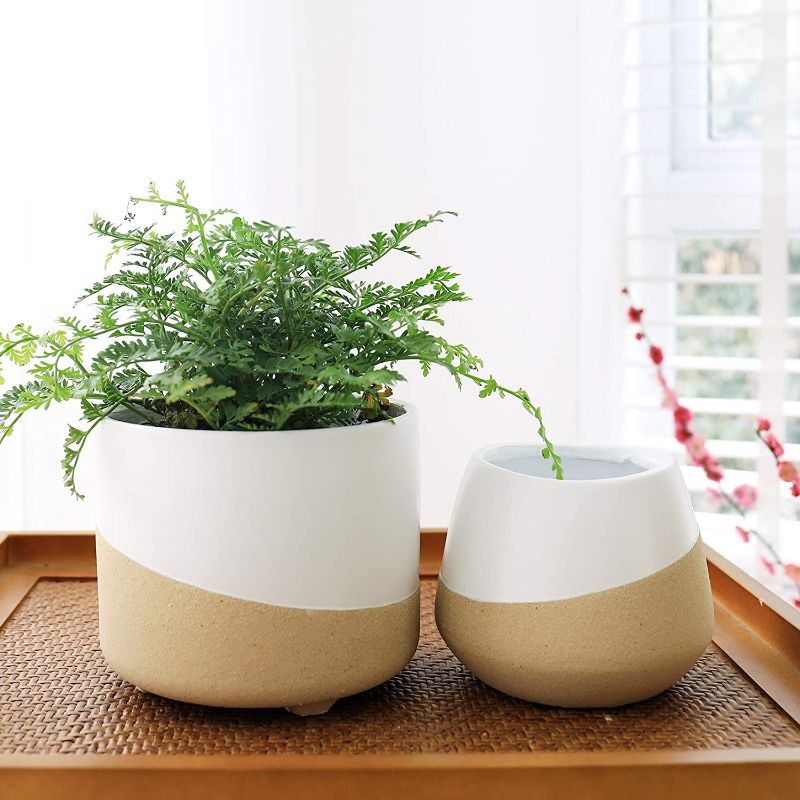 Photo 1 of LA JOLIE MUSE Ceramic Round Planter Set for Indoor, Modern Tabletop Plant Pot with Sand Glaze Bottom, Drain Hole Included, Home Decor Gift, White & Sandy Beige, 5.5 Inch+4.3 Inch